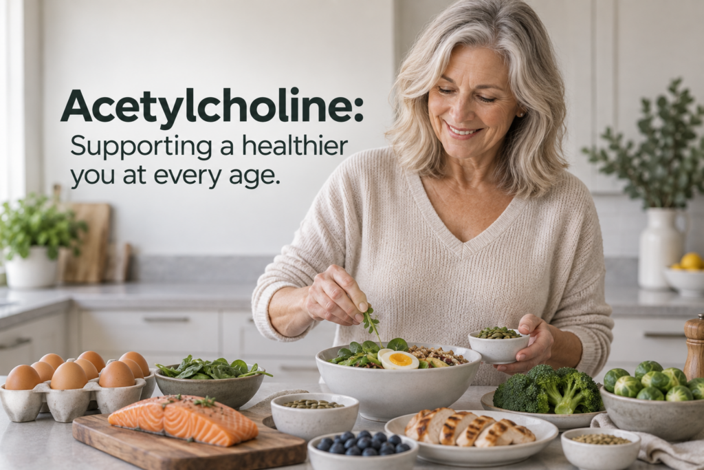 Older woman preparing a meal with choline-rich foods including eggs, salmon, broccoli and Brussels sprouts.