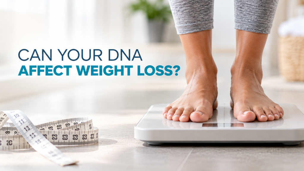Feet standing on a scale beside a measuring tape representing genetics and weight loss.