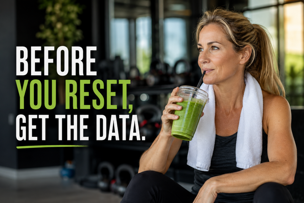 Woman in her 40s at the gym drinking a smoothie before starting a September health reset